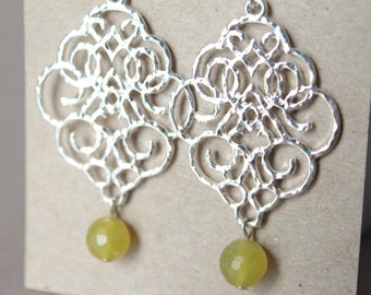 Silver Hammered Texture Earrings with Olive Jade Beads