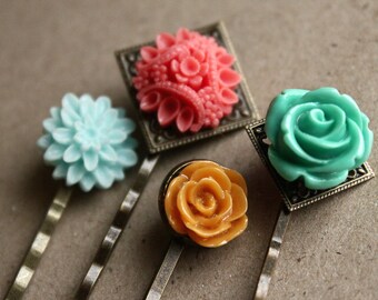 Antiqued Brass Hairpins - Flowers - Aqua, Coral, Honey, Teal - Set of 4