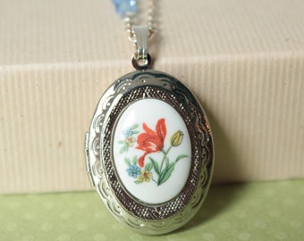 Silver Oval Locket - Vintage Glass Cabochon - Silver Plated - Chain - Crystal Beads - Flowers - Blue & Orange