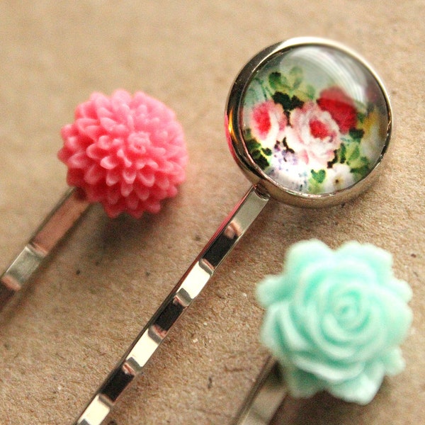 Silver Bobby Pins - Flowers & Glass - Pink, Mint Green