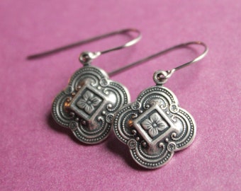 Small Antiqued Silver Quatrefoil Earrings - Stainless Steel Earwires - Hook or Leverback Earwires