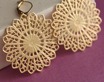 Brass Filigree Earrings - Gold Plated Leverback Earwires