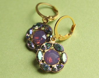 Brass Flower Shape Earrings - Crystal Navettes - Gold Plated Leverback Earwires -  Iridescent & Purple Opal