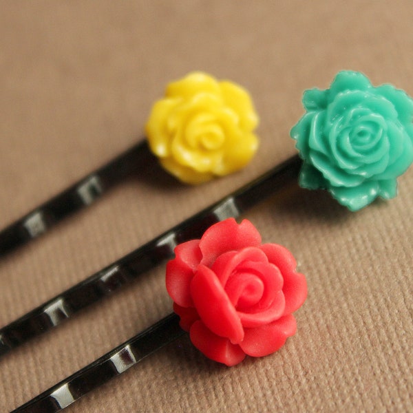 Black Bobby Pins - Plastic Flowers - Yellow, Teal, Red