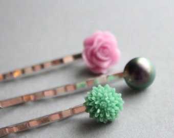 Silver Bobby Pins - Flowers - Orchid, Iridescent Pearl, Green