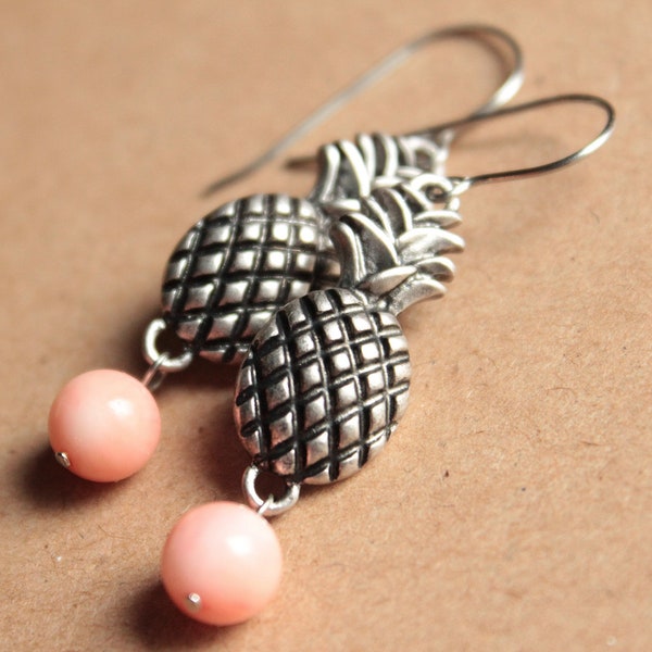 CLEARANCE - Pineapple Earrings - Antiqued Silver or Matte Gold - Coral or Glass Beads