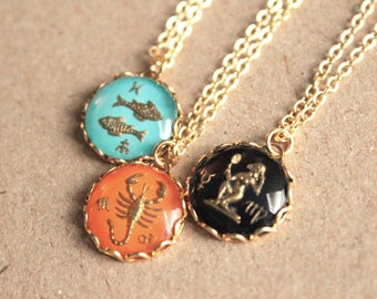 What's Your Sign Necklace - Vintage Glass - Gold-Plated or Antiqued Brass - Your Choice of Zodiac Sign - Astrology