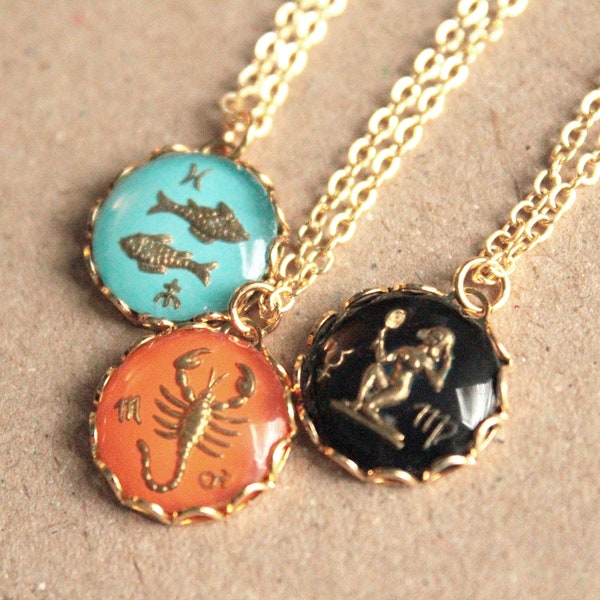 What's Your Sign Necklace - Vintage Glass - Gold-Plated or Antiqued Brass - Your Choice of Zodiac Sign - Astrology