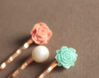 Rose Gold Plated Bobby Pins - Flowers - Dusty Rose, White Iridescent, Mint Green