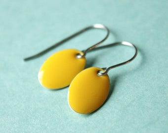 Small Yellow Oval Enameled Earrings - Silver - Surgical Steel French or Kidney Earwires