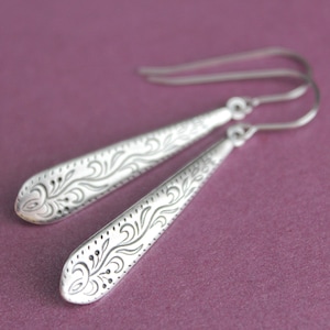 Engraved Silver Teardrop Earrings - Surgical Steel Earwires