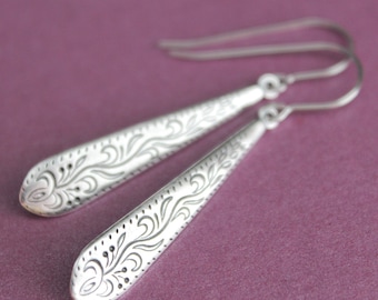 Engraved Silver Teardrop Earrings - Surgical Steel Earwires