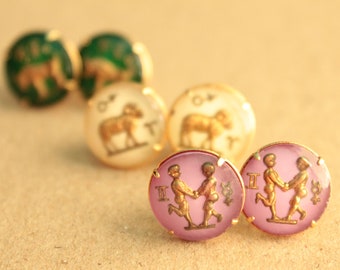 What's Your Sign Post Earrings - Vintage Glass - Gold-plated - Your Choice of Zodiac Sign - Astrology