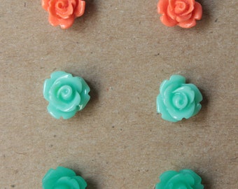 Post Earrings - 3 pairs - Plastic - Surgical Steel - Coral, Mint, Teal