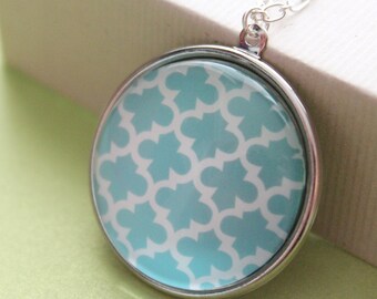 CLEARANCE - Aqua & White Quatrefoil Pattern Pendant - Glass - Silver Plated