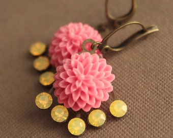 Vintage Crystal & Antiqued Brass Deco-style Earrings with Flowers - Pink and Yellow Opal