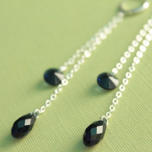 Long Silver Chain & Crystal Earrings - Dark Indigo