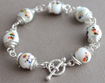 Bracelet: Vintage Speckled Glass Beads - Sterling Silver