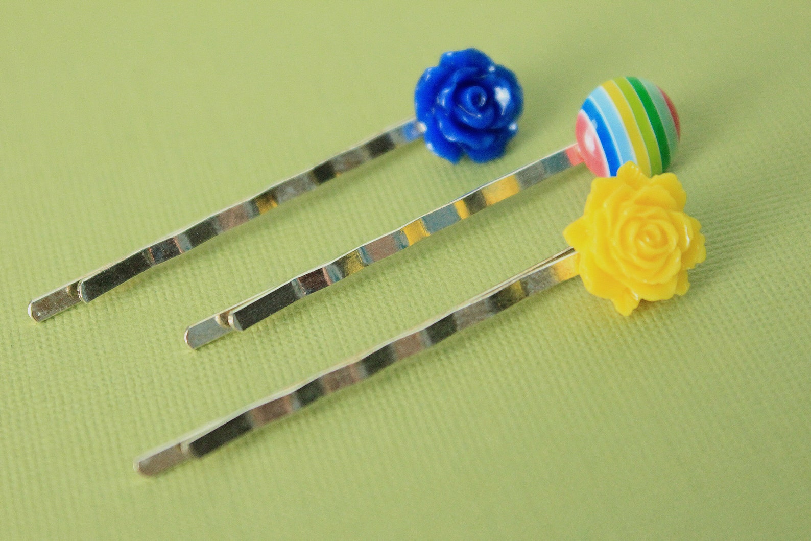 Silver Bobby Pins Plastic Yellow Striped Dark Blue Etsy