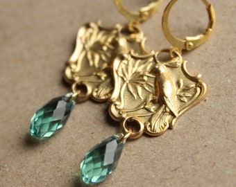 Vintage Style Bird Earrings - Swarovski Crystal - Brass - Gold Plated Leverback Earwires