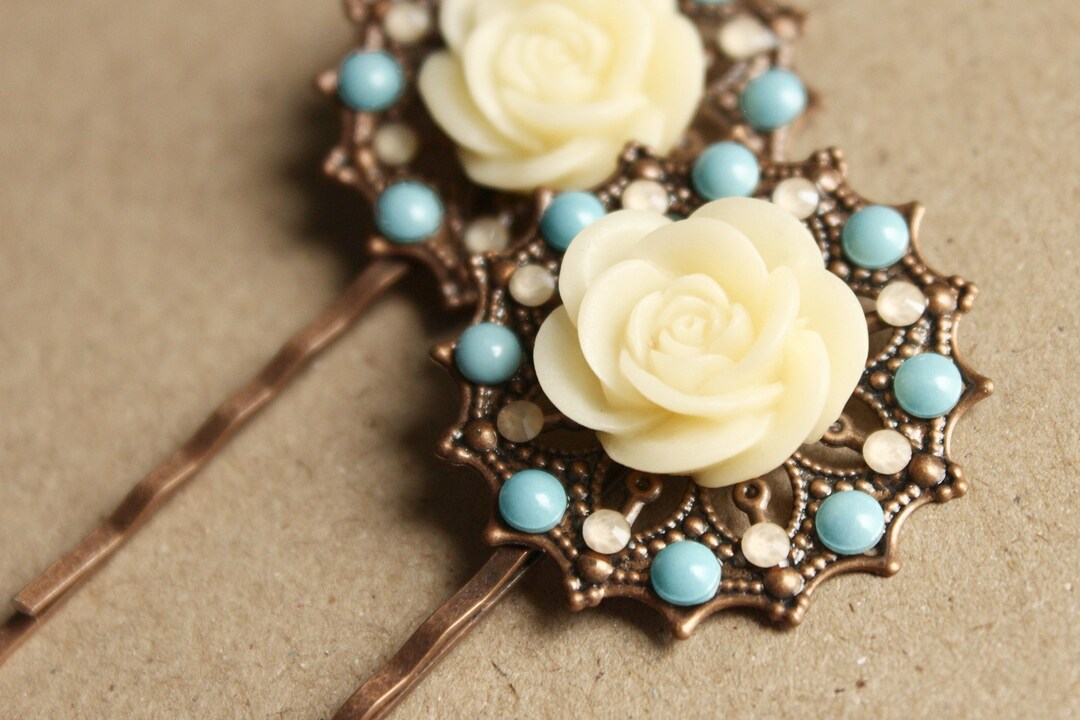 Antiqued Copper Hair Pins Crystal & Pearls Flowers Ivory and Turquoise