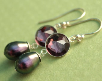 Crystal & Pearl Sterling Silver Earrings - Amethyst and Iridescent Purple