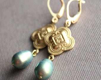Brass & Green Iridescent Pearl Earrings - Quatrefoil or Square - Gold Plated Leverback Earwires