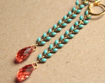 Long Chevron Earrings - Brass - Gold Plated Leverback Earwires - Premium Quality Crystal - Light Blue  and Coral