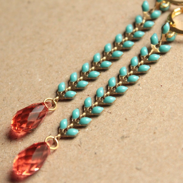 Long Chevron Earrings - Brass - Gold Plated Leverback Earwires - Premium Quality Crystal - Light Blue  and Coral