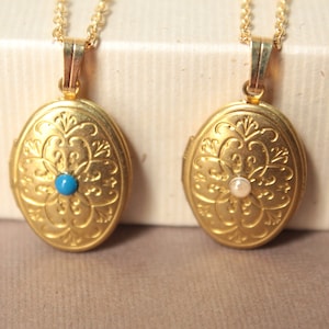 Oval Celtic Floral Pattern Brass Locket with Pearl - Gold Plated Chain - Lapis or Gold