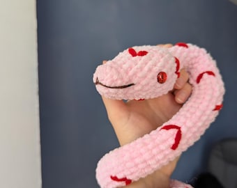 Pink Plush Snake with Red Hearts – Cute Handmade Love Gift – Stuffed Snake Toy for Girlfriend, Valentine’s Day, Birthday