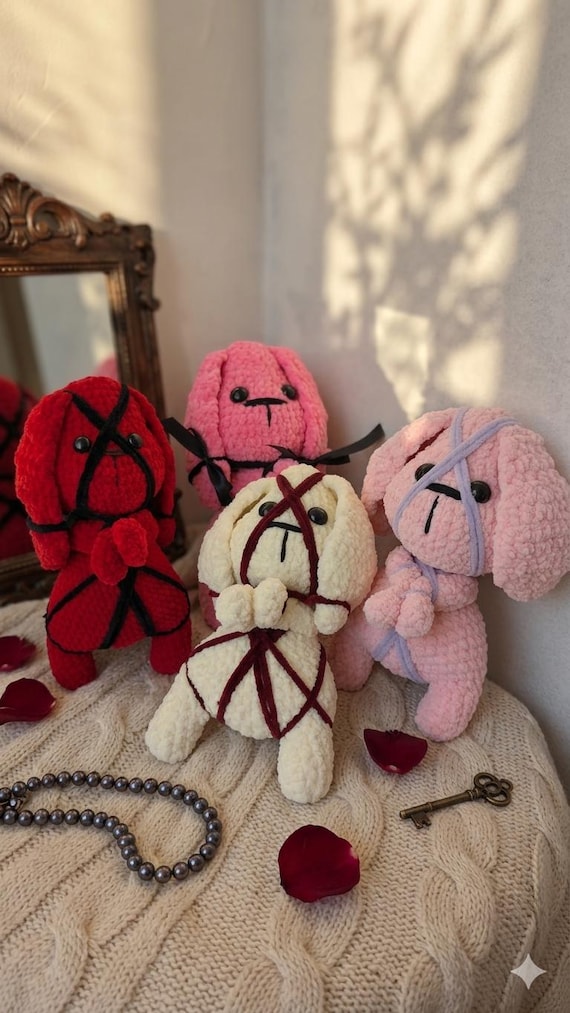 A hand-crocheted bunny that leans into 'alternative' and 'collectible art' rather than nursery-cute — the kind of shelf piece that sparks a double-take.
