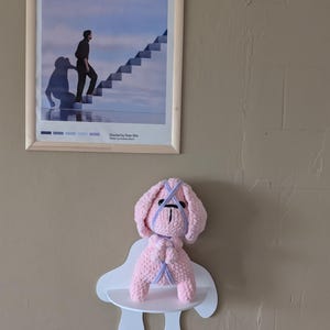 May include: A framed poster of the film "The Truman Show" is above a white shelf holding a pink crocheted dog. The poster is in a light wood frame and shows a man on stairs. The dog has a black face and lavender details.