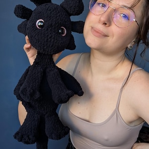 Handmade Black Dragon Plush – Soft Crochet Dragon Toy with Red Tail – Cute Gift for Her