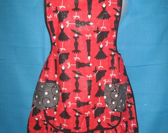 Red Roxy Retro Apron with polka dot trim (black swirl fabric out of stock)