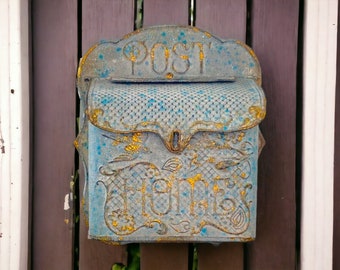 Vintage Style Post Box - Blue Rustic, Antique Mailbox, Rustic Mail Holder, Letter Box, Mail Box, Gift For Couples