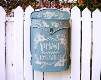 Vintage Style Post Box - Blue Flowers, Antique Mailbox, Rustic Mail Holder, Letter Box, Mail Box, Gift For Couples