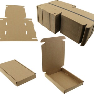 May include: Cardboard shipping boxes in various stages of assembly. The image shows a flat, unfolded box, a stack of folded boxes, and assembled boxes, both open and closed. The boxes are made of brown corrugated cardboard.