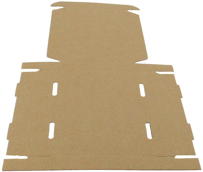 May include: A flat, unfolded cardboard box in a natural brown color. The box has multiple cut-out tabs and slots for assembly. The design suggests it is intended for packaging and shipping of goods. The cardboard is thick and sturdy.