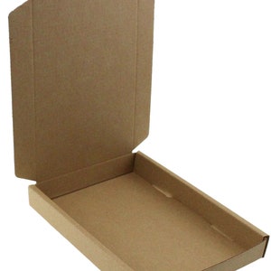 May include: An open, unfolded brown cardboard box. The box is rectangular with a flat base and side flaps. The top flap is partially open, revealing the interior. The box is designed for shipping or storage.