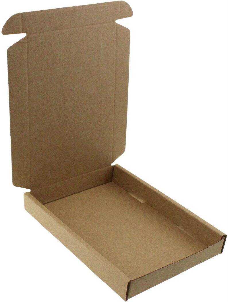 May include: An open, unfolded brown cardboard box. The box is rectangular with a flat base and side flaps. The top flap is partially open, revealing the interior. The box is designed for shipping or storage.