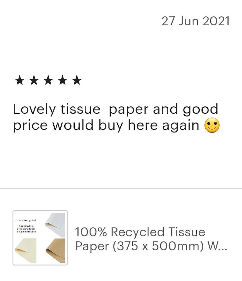 May include: Two sheets of 100% recycled tissue paper. The top sheet is white and the bottom sheet is brown. The text on the packaging reads "100% Recycled, Recyclable, Biodegradable & Compostable".