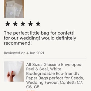 May include: White paper bags with a peel and seal closure. The bags are biodegradable and eco-friendly. They are perfect for seeds, wedding favors, and confetti. The text on the image reads: "All Sizes Glassine Envelopes Peel & Seal, White Biodegradable Eco-friendly Paper Bags perfect for Seeds, Wedding Favour, Confetti C7, C6, C5 &pound;1.50"