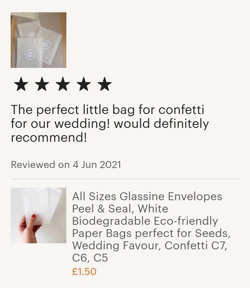 May include: White paper bags with a peel and seal closure. The bags are biodegradable and eco-friendly. They are perfect for seeds, wedding favors, and confetti. The text on the image reads: "All Sizes Glassine Envelopes Peel & Seal, White Biodegradable Eco-friendly Paper Bags perfect for Seeds, Wedding Favour, Confetti C7, C6, C5 &pound;1.50"