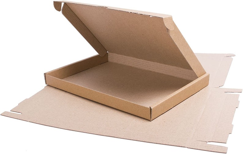 May include: An open cardboard box with a flap that is folded back. The box is made of brown corrugated cardboard and is empty.