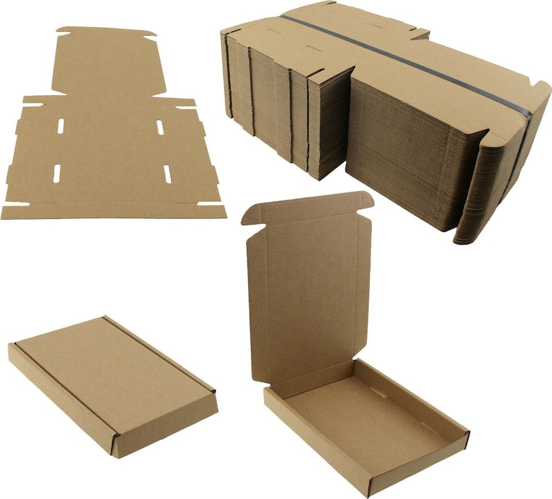 May include: Cardboard shipping boxes in various stages of assembly. The image shows a flat, unfolded box, a stack of folded boxes, and assembled boxes, both open and closed. The boxes are made of brown corrugated cardboard.