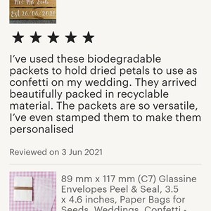 May include: Five white biodegradable paper packets with a brown twine tie. The packets are on a pink and white gingham background. The text "89 mm x 117 mm (C7) Glassine Envelopes Peel & Seal, 3.5 x 4.6 inches, Paper Bags for Seeds, Weddings, Confetti - Eco-friendly Packaging" is printed below the packets. The price "&pound;6.50" is printed below the text.