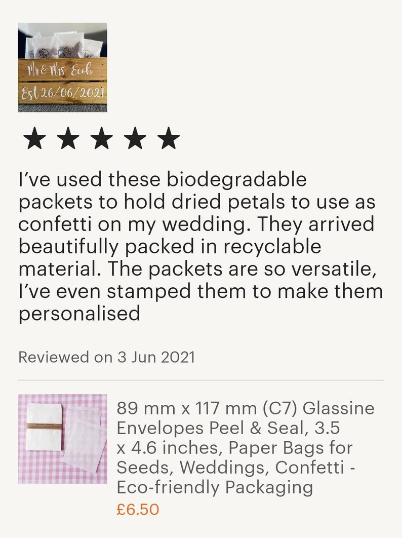 May include: Five white biodegradable paper packets with a brown twine tie. The packets are on a pink and white gingham background. The text "89 mm x 117 mm (C7) Glassine Envelopes Peel & Seal, 3.5 x 4.6 inches, Paper Bags for Seeds, Weddings, Confetti - Eco-friendly Packaging" is printed below the packets. The price "&pound;6.50" is printed below the text.