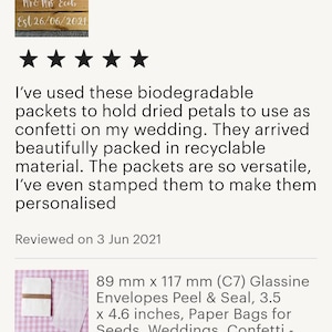 May include: Five white biodegradable paper packets with a brown twine tie. The packets are on a pink and white gingham background. The text "89 mm x 117 mm (C7) Glassine Envelopes Peel & Seal, 3.5 x 4.6 inches, Paper Bags for Seeds, Weddings, Confetti - Eco-friendly Packaging" is printed below the packets. The price "&pound;6.50" is printed below the text.