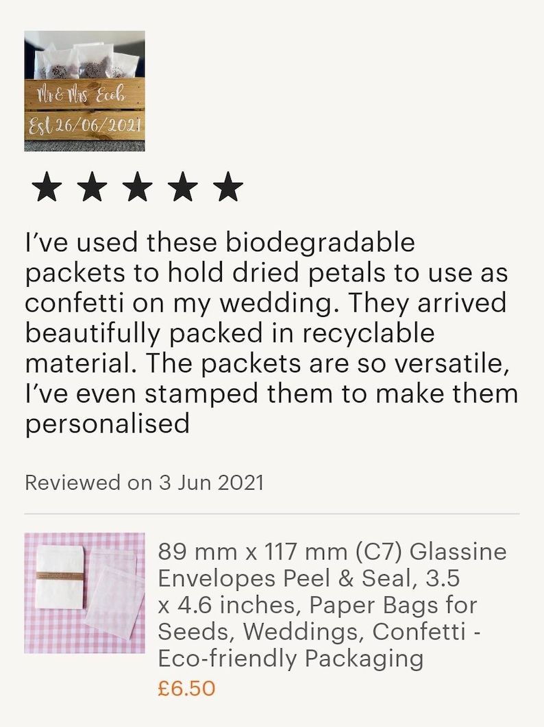 May include: Five white biodegradable paper packets with a brown twine tie. The packets are on a pink and white gingham background. The text "89 mm x 117 mm (C7) Glassine Envelopes Peel & Seal, 3.5 x 4.6 inches, Paper Bags for Seeds, Weddings, Confetti - Eco-friendly Packaging" is printed below the packets. The price "&pound;6.50" is printed below the text.